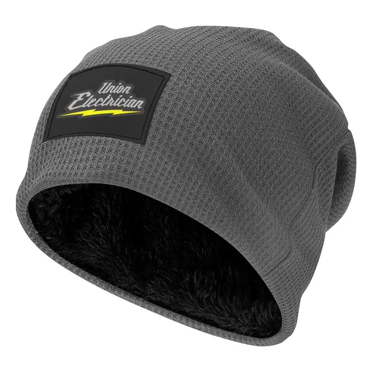 Union Electrician Waffle Knit Fleece Lined Beanie with PU Leather Patch Unisex Warm Winter Soft Cap