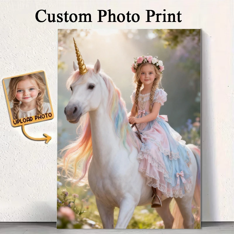 Personaliza tus fotos, impresión en lienzo de estilo de fantasía de cuento de hadas, chica montando un unicornio, caballo blanco, póster artístico de pared para decoración del hogar