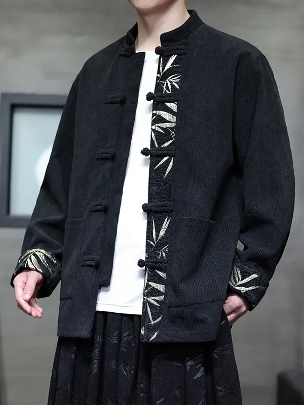 

Осень-зима, мужская вельветовая куртка контрастного цвета с вышивкой из бамбука, традиционная китайская верхняя одежда на пуговицах