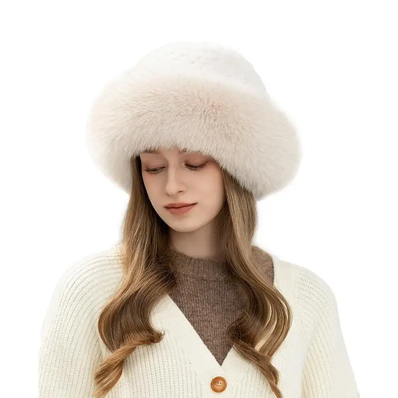 Winter Hot Sale Warm Women Knitted Real Natural Fox Fur Hat Bowler Solid Rex Rabbit Fur Caps Beanies Lady Real Fur Hat Skullies