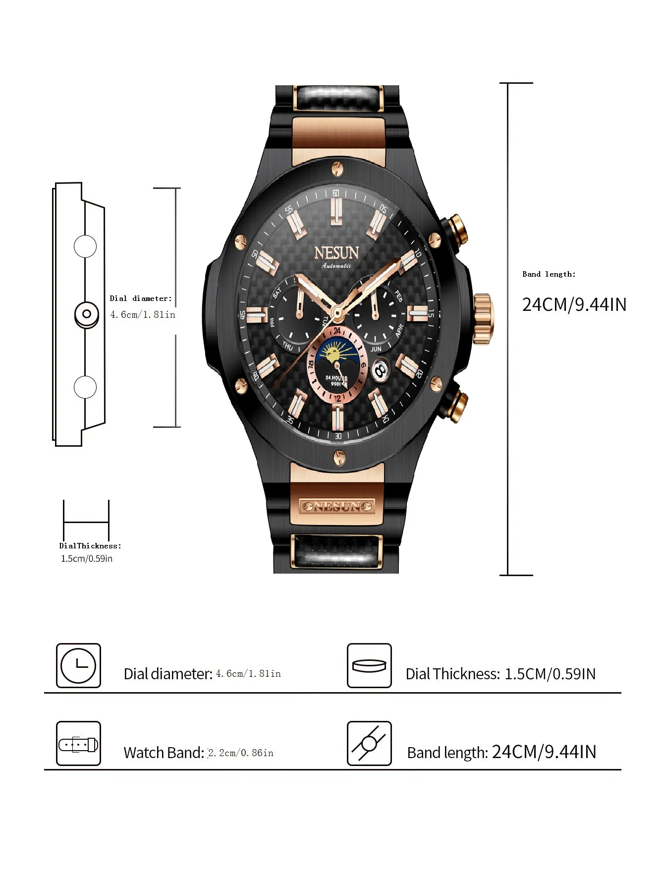 NESUN men's automatic mechanical watch, luminous fashion skeleton flywheel men's watch, calendar and day function