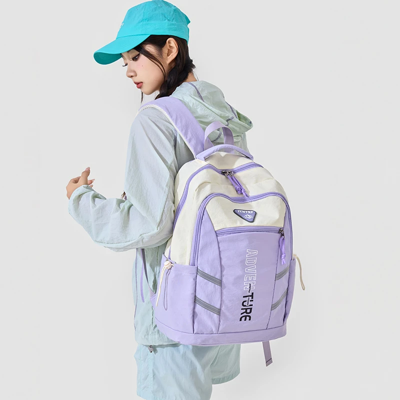 Color Block Student Backpack With Reflective Strips Letter Print Large Capacity Laptop Rucksack For Teen School Daily Travel