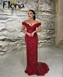 Floria Sparkly Crystal Burgundy Mermaid Evening Dresses Luxury Dubai Gold Formal Party Dress for Women Wedding Prom 3D Flowers