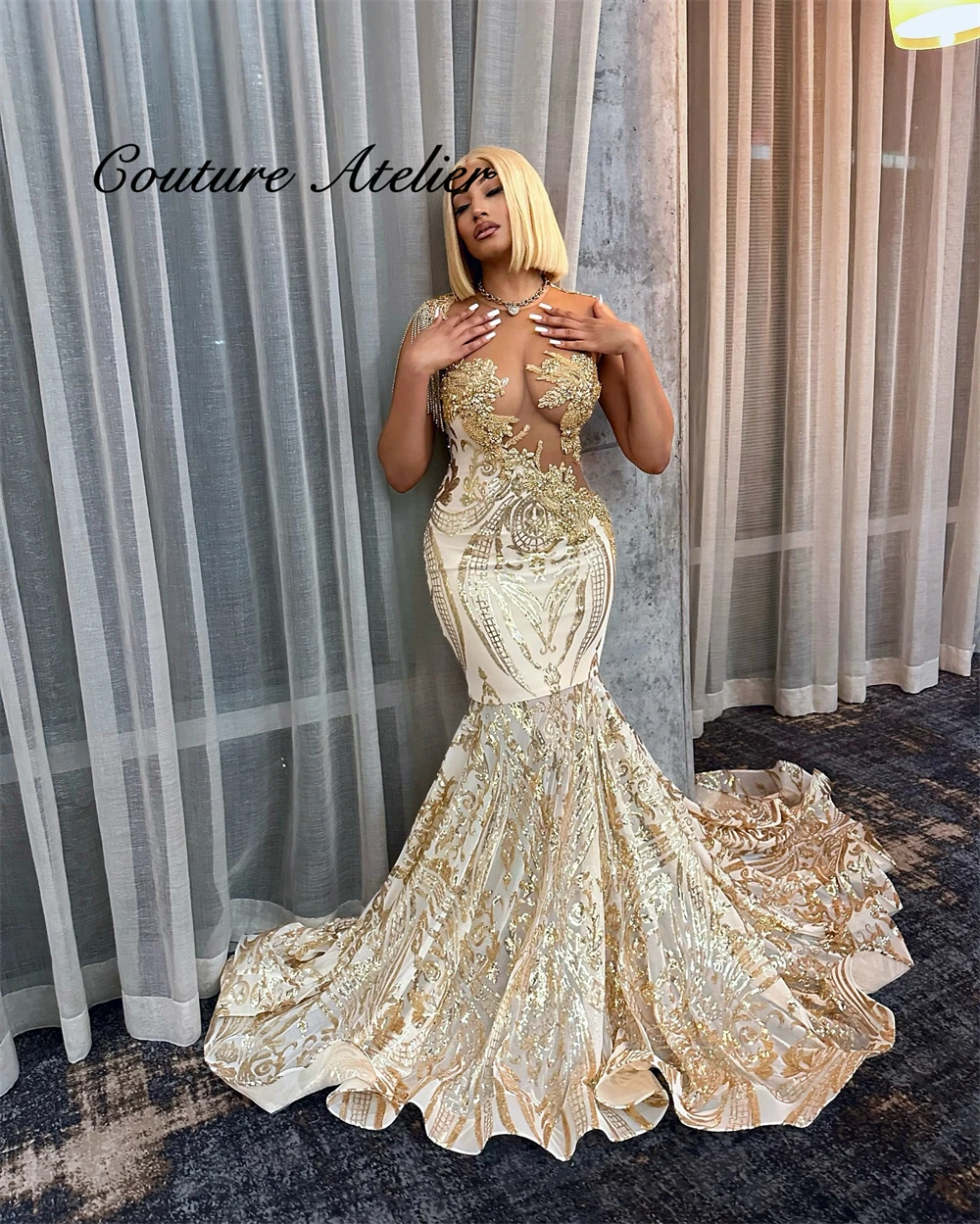 

Glitter Gold Lace Mermaid Long Prom Dresse 2025 Bead Tassels Formal Birthday Party Gowns For Black Girls Wedding Customized