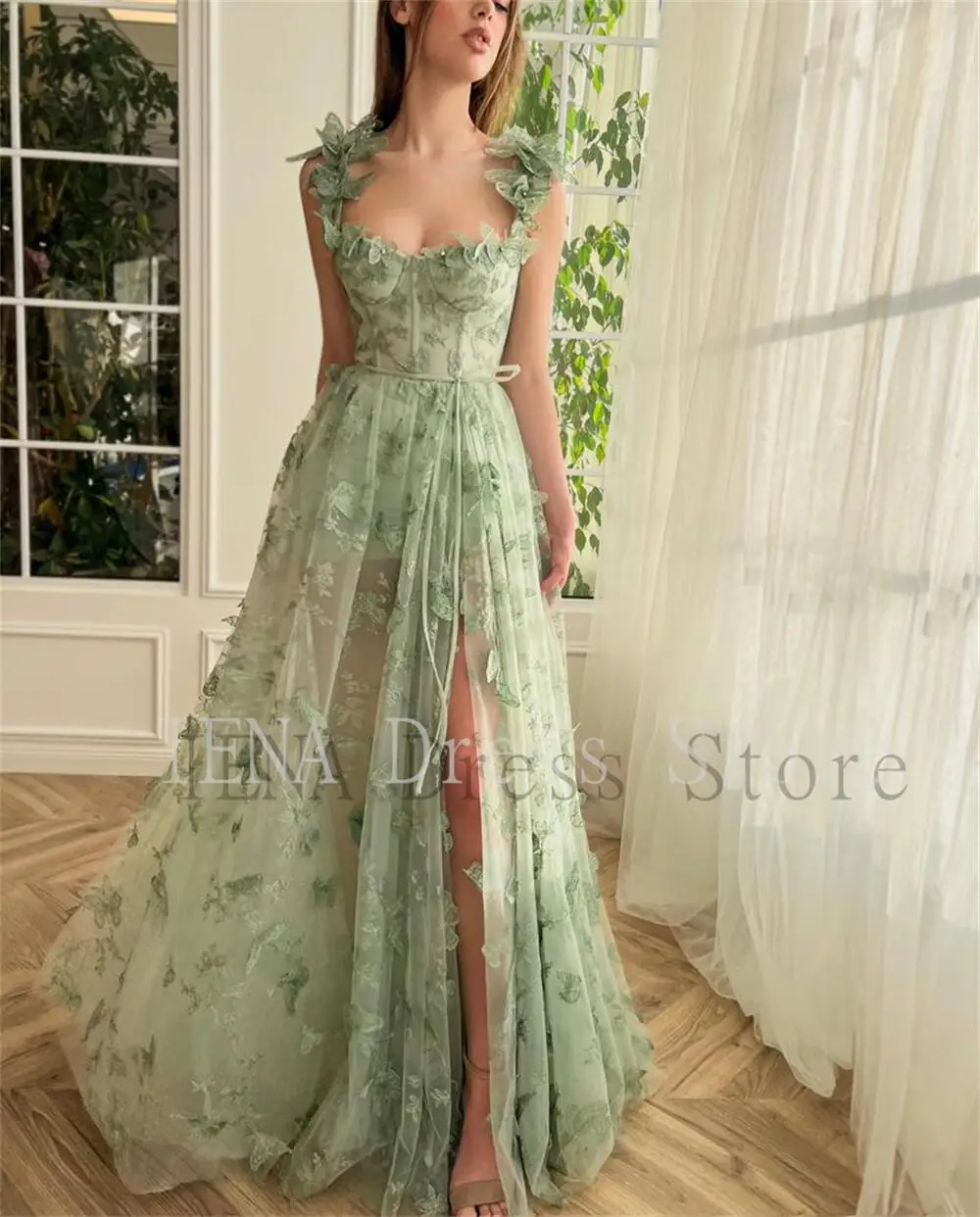 personalizado 14705 #   Vestido de fiesta de mariposa verde salvia elegante escote corazón flores 3D hasta el suelo vestido de fiesta de noche vestido de fiesta de cumpleaños