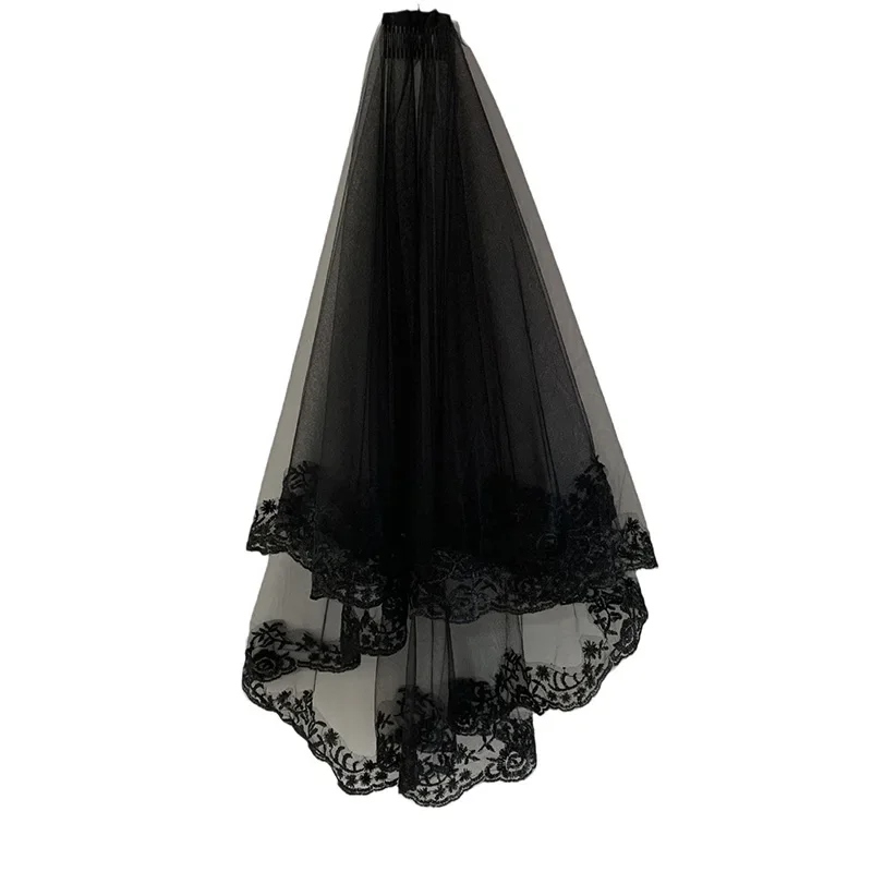 Black Veil Brides Wedding Veils Lace Short Bridal Fingertip Women’s Halloween 2T with Comb