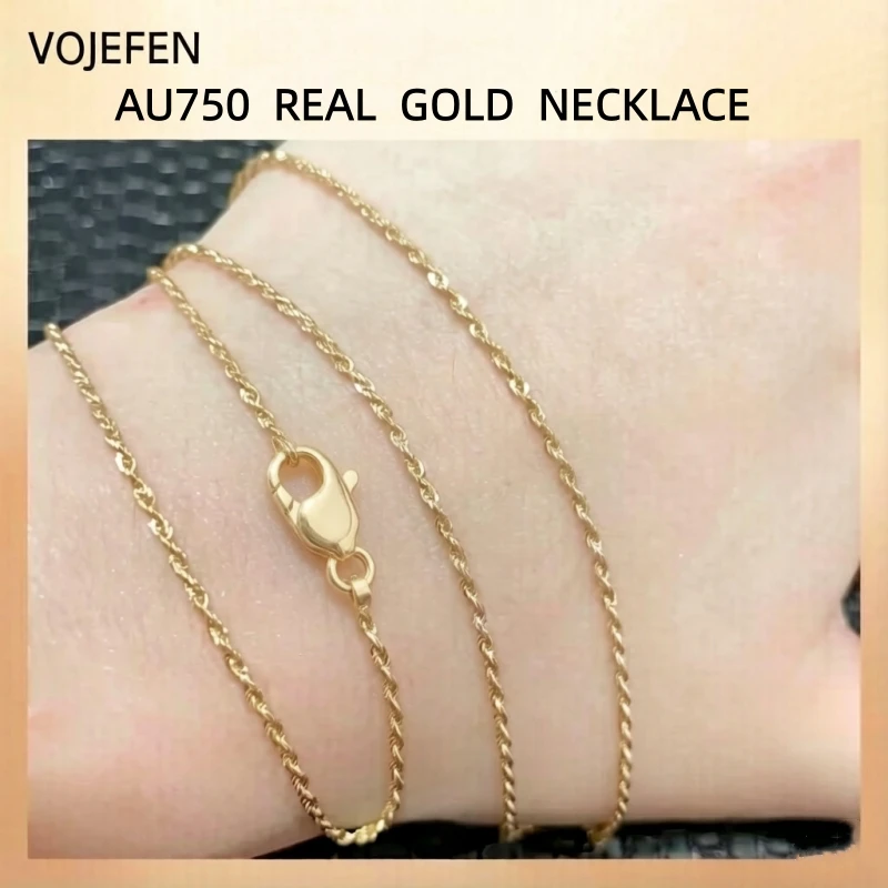 VOJEFEN 18K Gold Rope Necklace AU750 Stamp Width 1.3mm Chain 45-60cm Women/Men Choker Jewelry Luxury Minimalist Gift Certificate