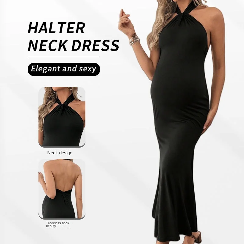 

Black Maternity Women Backless Halter Dresses Summer Premama Sleeveless Maxi Photo Shoot Dress Pregnant Women Photography Dress