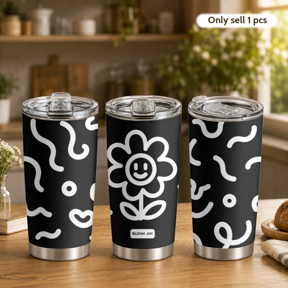 Cute Line Smile Prints Vacuum Flasks 20oz Coffee Tumbler Cup With 2 Lids And Straw, Stainless Steel Vacuum Insulated Travel Mug