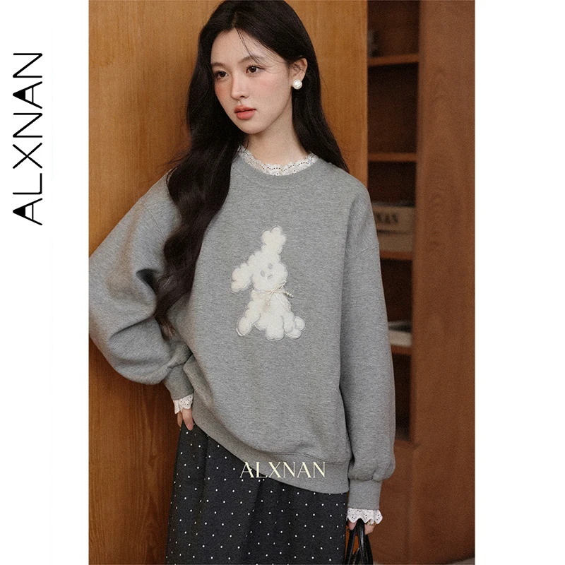 

ALXNAN Women's Sweatshirt Lace Round Neck Long Sleeve Puppy Pattern Light Gray Sweatshirts Autumn Loose-fit Tops Female L57321