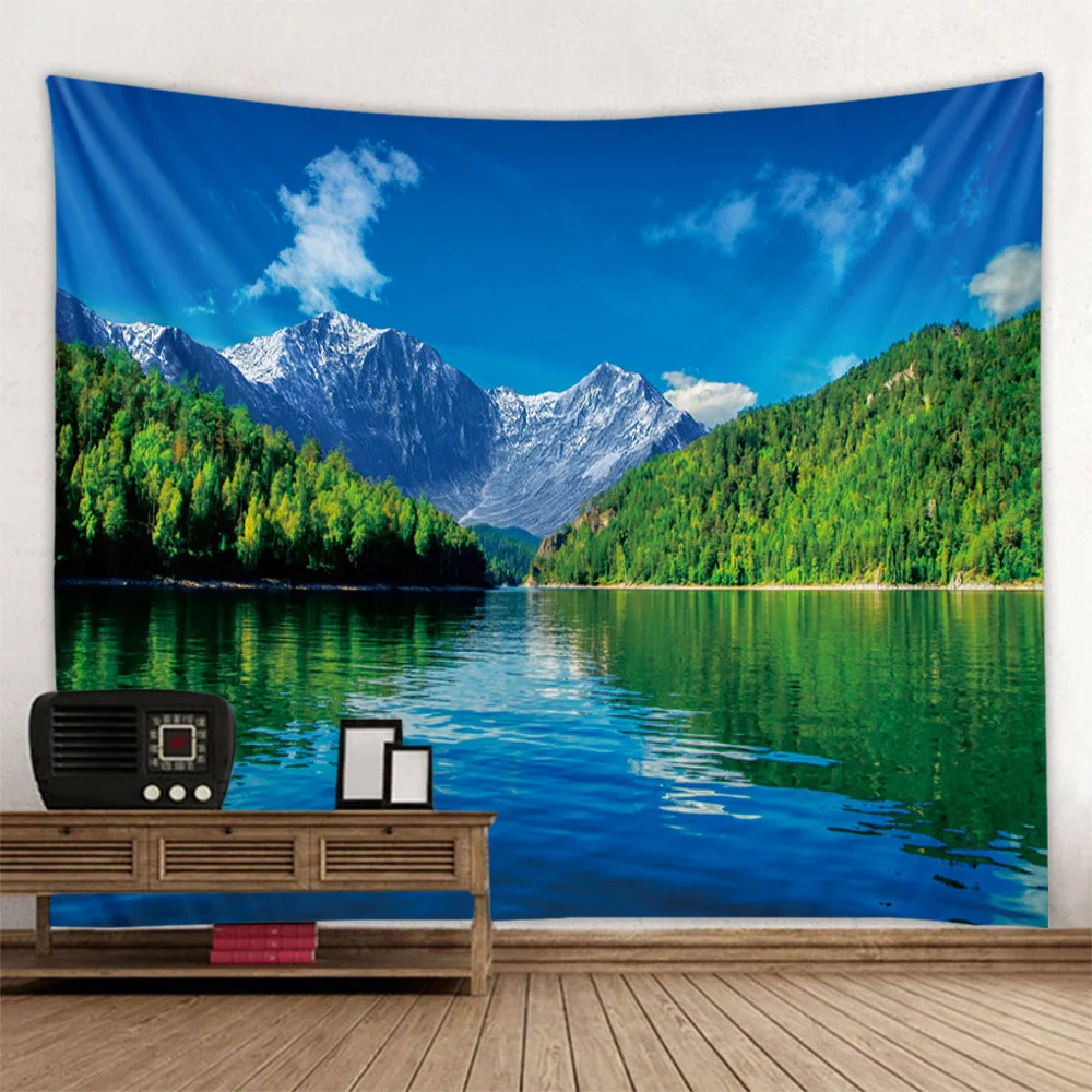 Forest lake tapestry sea view waterfall natural scenery wall hanging room decoration, hanging cloth, Nordic home decoration