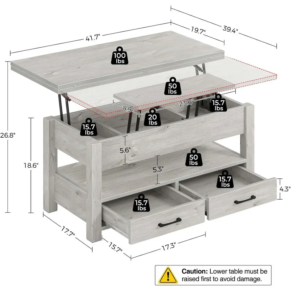 طاولة قهوة متعددة الوظائف قابلة للتحويل مع أدراج وحجرة مخفية، تحويل إلى طاولة الطعام أو غرفة المعيشة، المكتب المنزلي