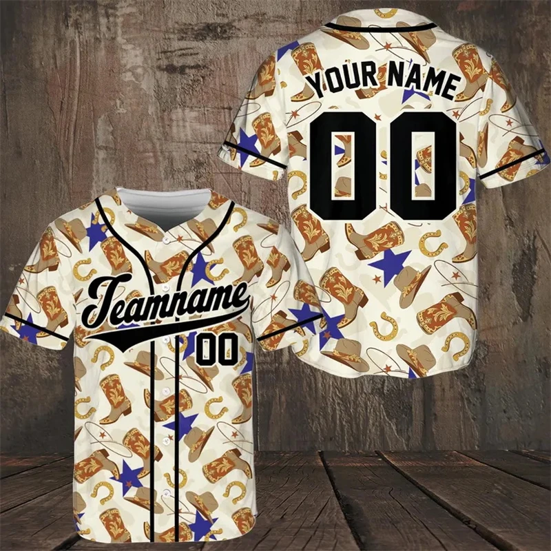 Custom Name Number Beach Baseball Jersey Personalized  3D All Over Print Vintage Cowboy Pattern Short Sleeve Baseball Jersey