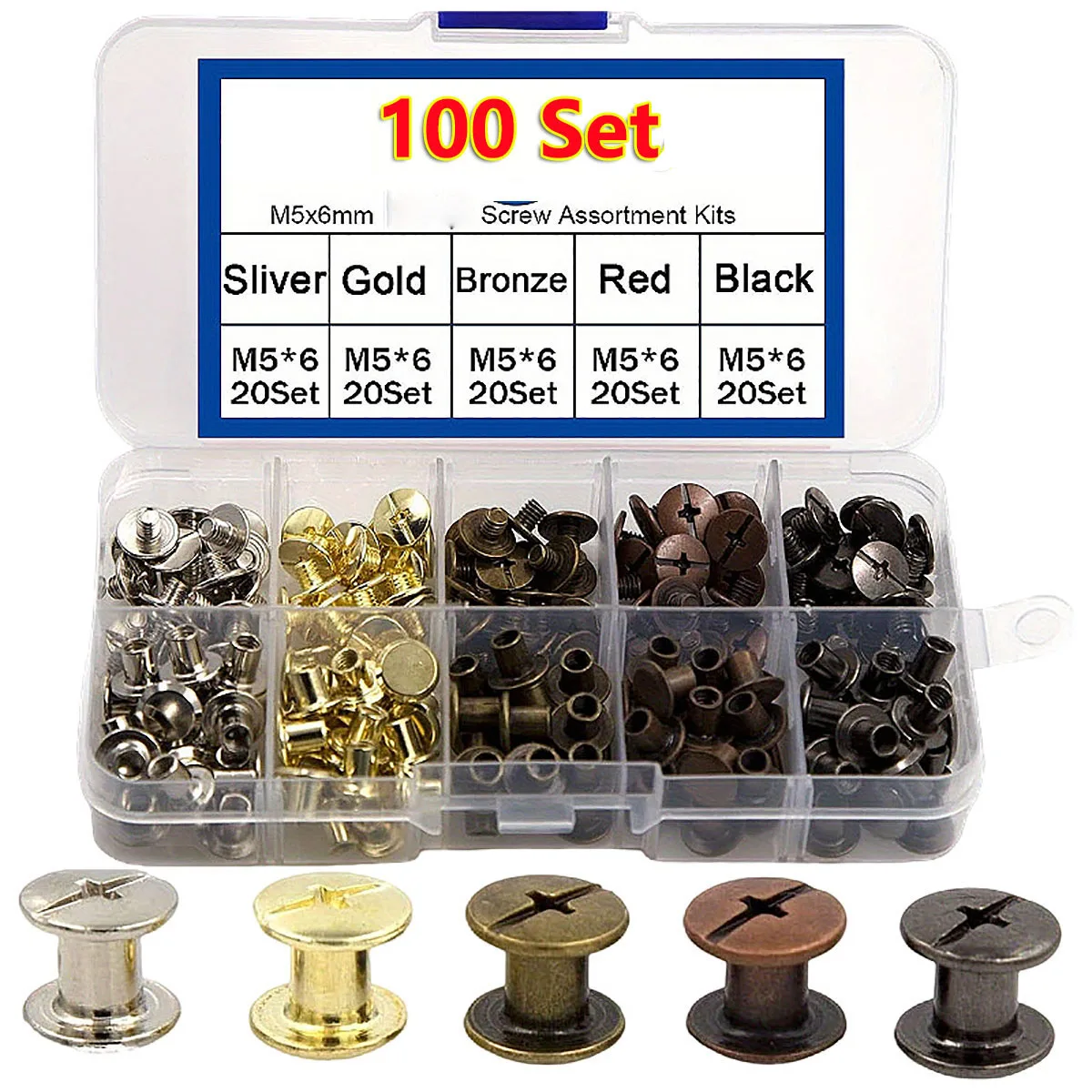 100 Set Multicolor Screw Assortment Solid Bronze Binding Post Rivets for Leather Craft Bookbinding Bag Shoes Wallet Making DIY