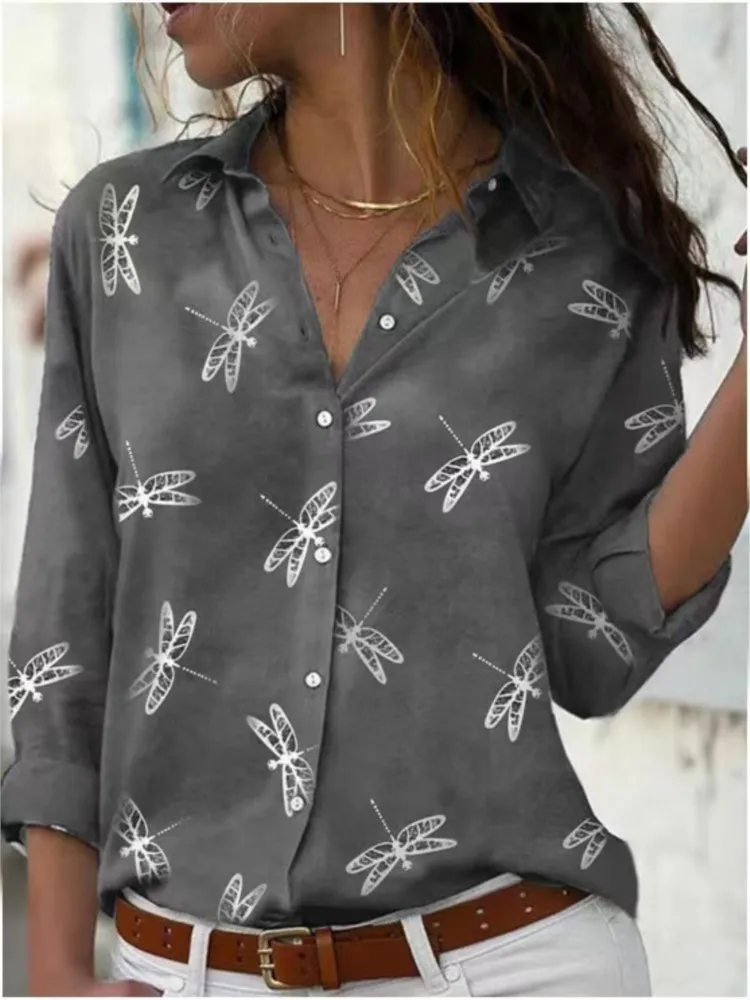 Dragonfly Print Long Sleeve Shirt Lapel Slim Fashion Women's Spring and Summer New Fashion Button-Down Shirt Office