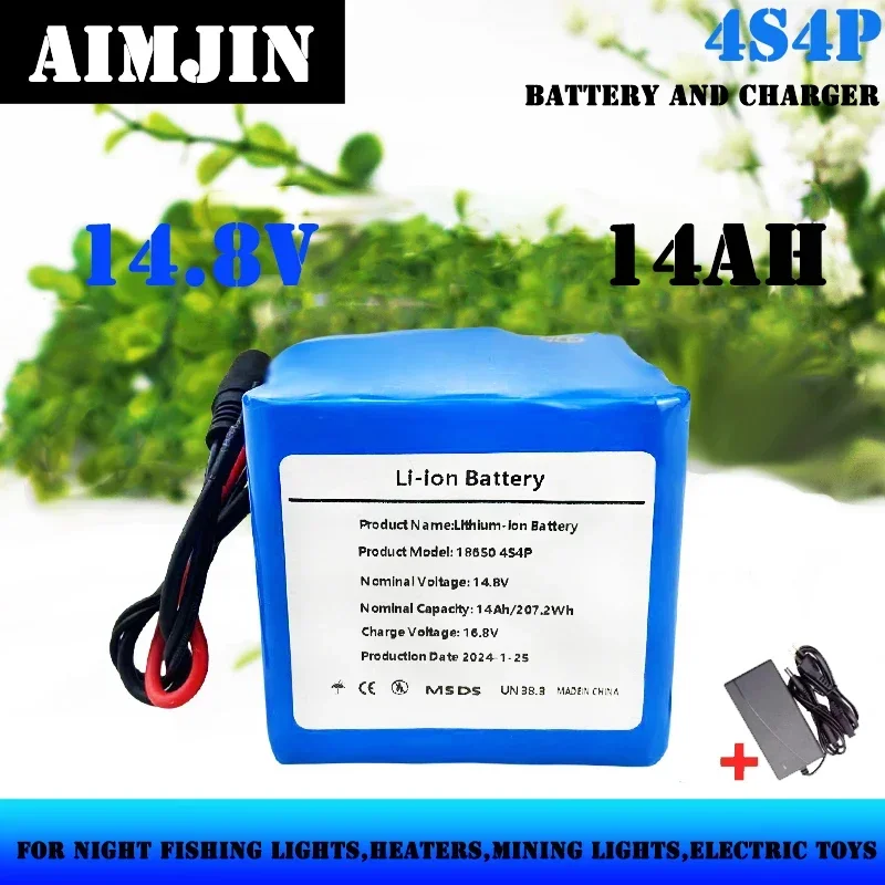 

NEW 4S4P 14.8V 14000mAh 18650 Li-iom Battery Pack with 5A BMS for Night Fishing Lamp Heater Miner's Lamp Amplifier Etc + Charger