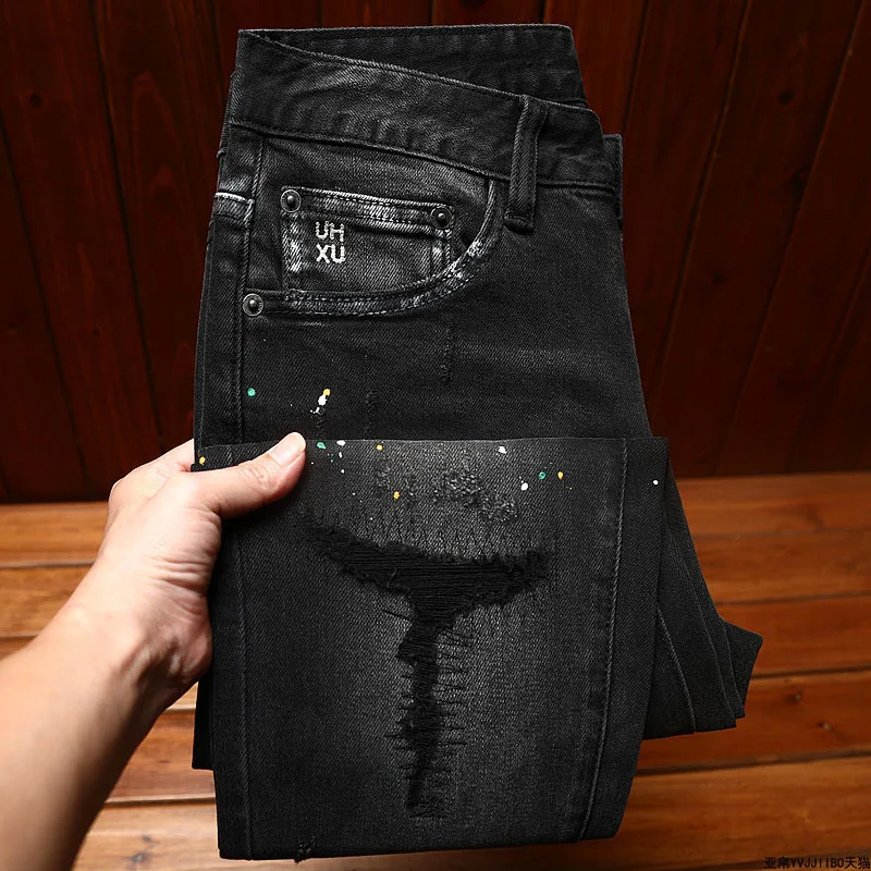 2024 New Ripped Black Gray Splash-Ink Jeans Men's Street Trend Slim Fit Scrape Patch Popular Men's Quality Trousers