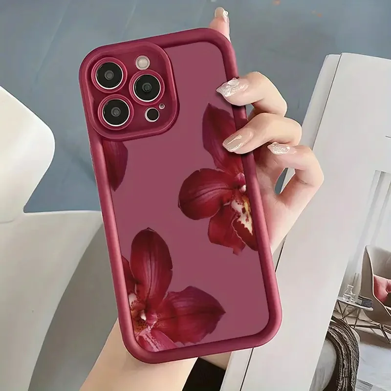 Wine Red Orchid Flower Pattern Phone Case For iPhone 11 12 13 14 15 16 Pro Max 16E XS Max XR 14 15 16 Plus Silicone Soft Cover - view 5