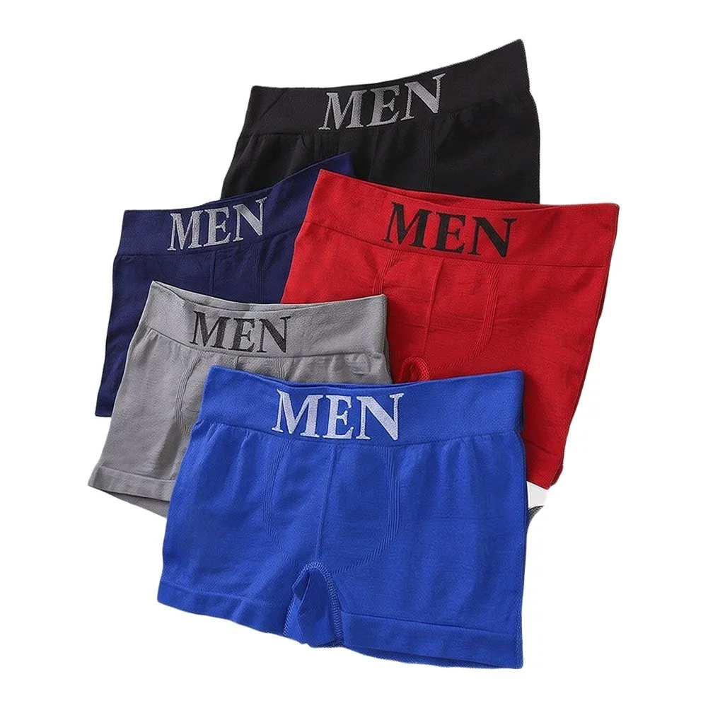Men's Seamless Boxer Briefs 5-Pack Middle Waist High Elastic Breathable Underwear Trunks For Daily Wear Black/Navy/Gray/Red