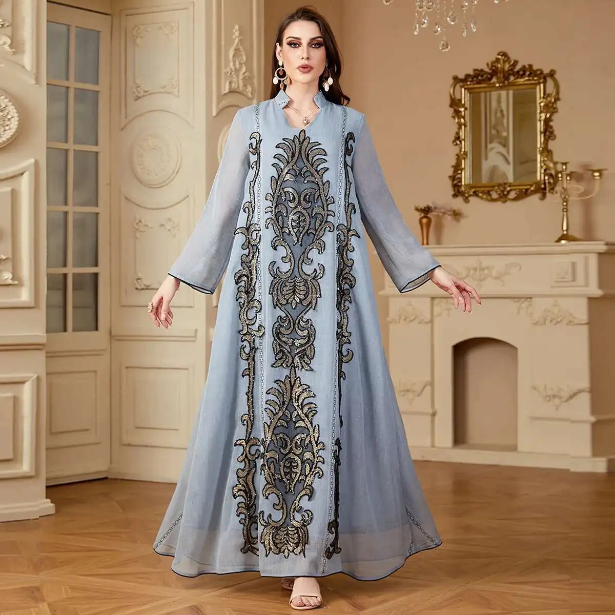 4169 Dames Gewaad Slin Geborduurde Jurk Herfst Winter Nieuwe Stijl Mu Lange Jurk Gewaad Abaya Ramadan Dubai Luxe Islam Elegant