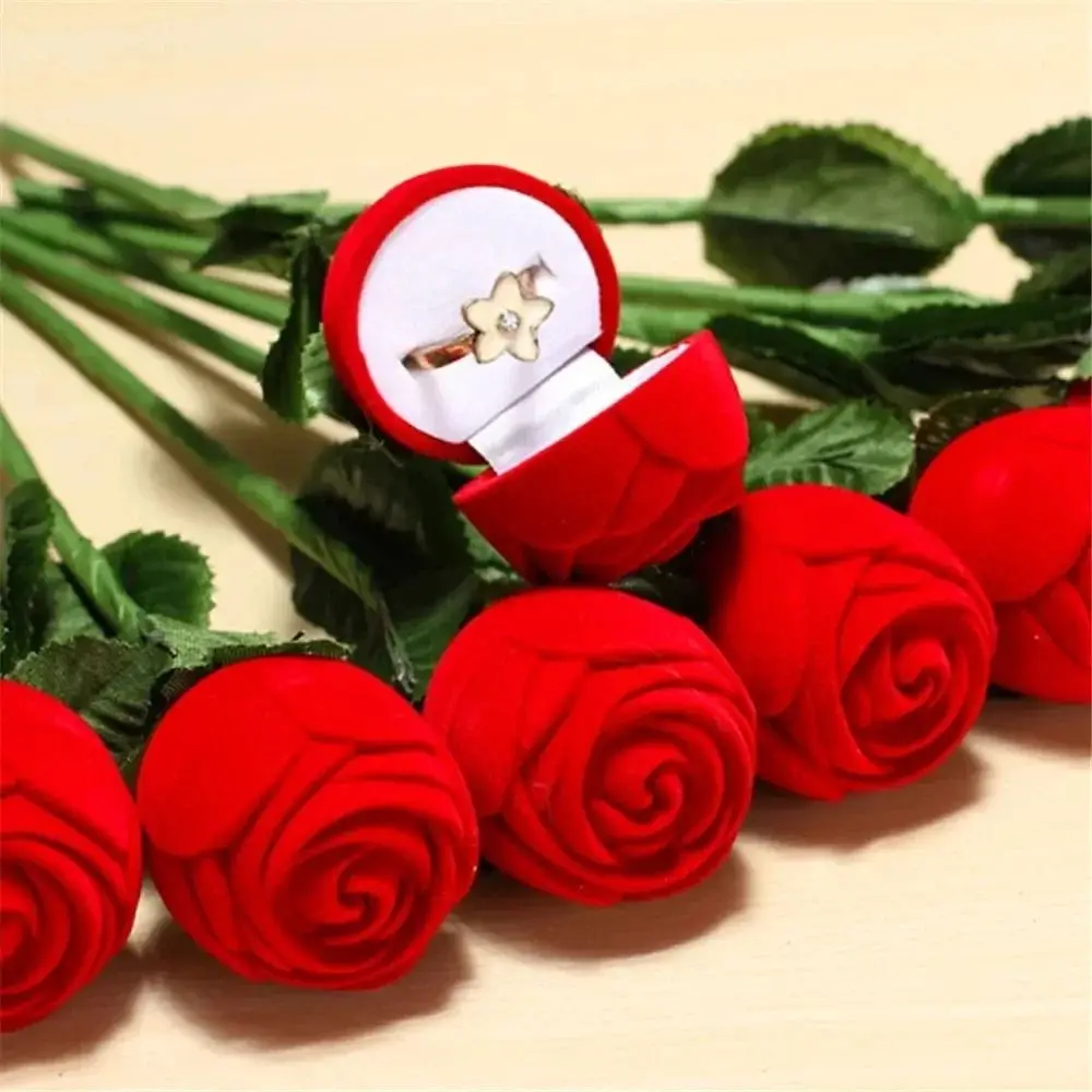 Creative Flocked Rose Ring Box Red Simulated Ring Storage Box Ring Display High-end Romantic Gift Box Proposal Ring Box