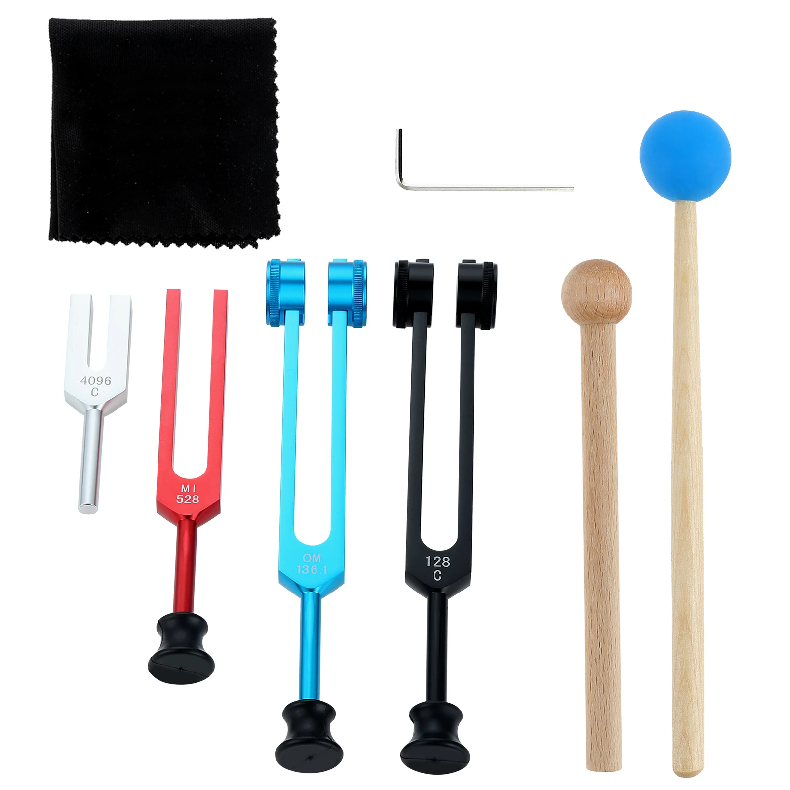 1Set Aluminum Sound Healing Tuning Forks 128/OM 136.1/MI 528/4096Hz Body Tuner & Hammer Storage Box for Chakra Solfeggio Therapy