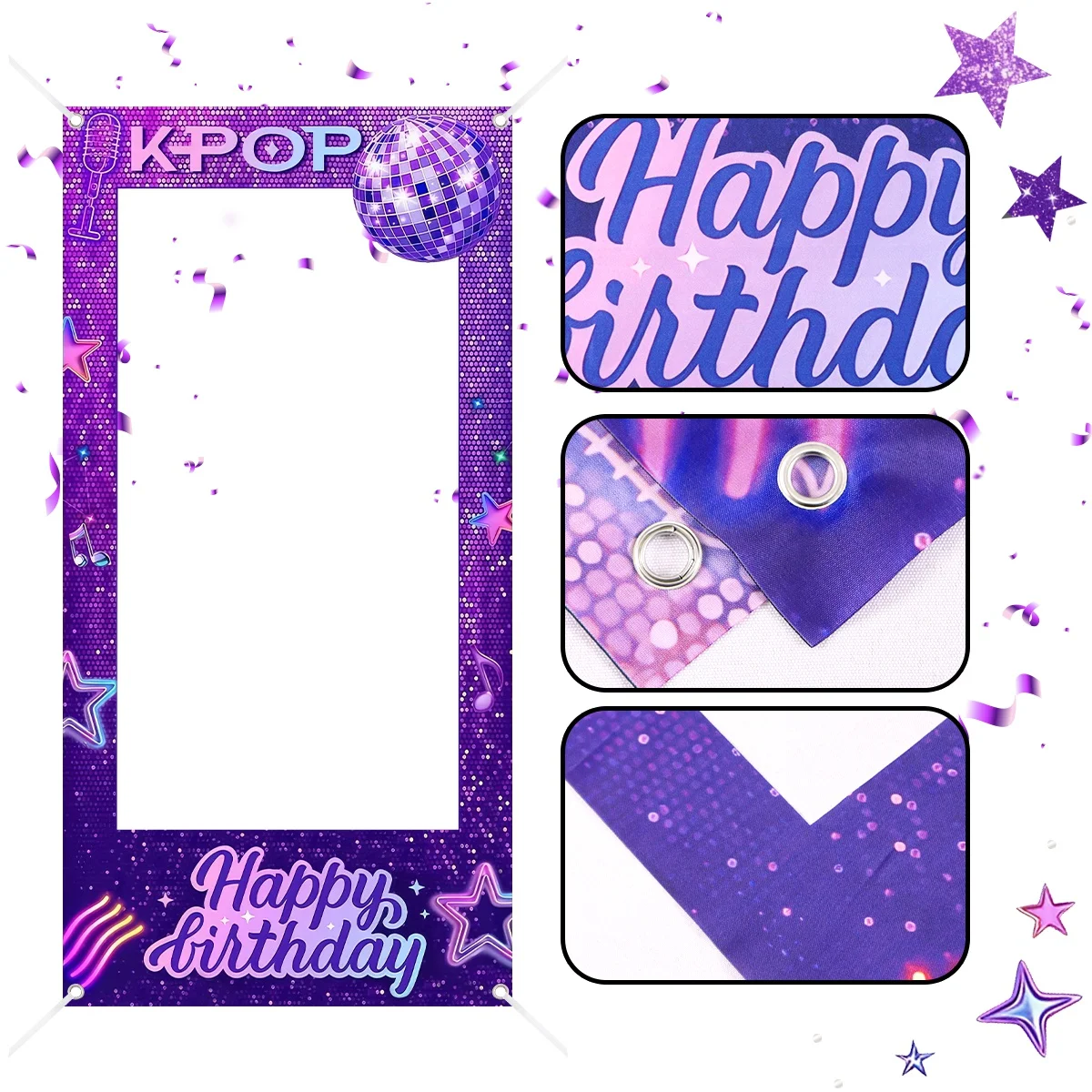 1 Stück Lila K-POP Fotorahmen-Hintergrund mit Happy Birthday Muster aus Polyester für K-POP Themen-Geburtstagsfeiern – Detail 1