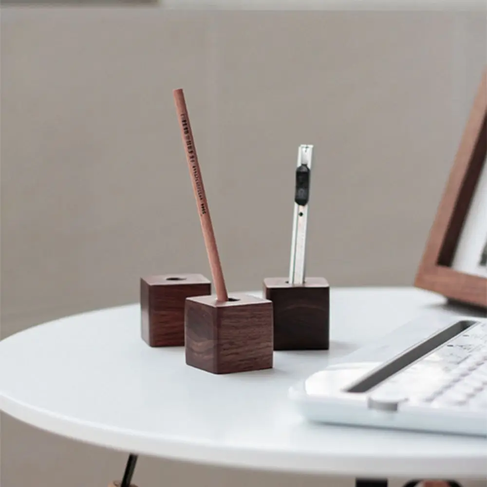 Walnut Wood Pen Holder Space saving Portable Pen Container Multifunctional Square Pencil Stand for Desk Stationery Storage