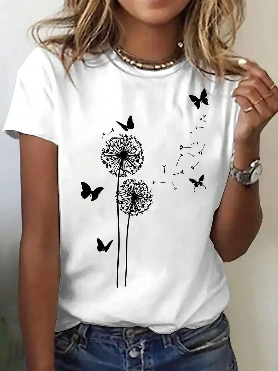 Selamara Dandelion Butterfly Pattern Round Neck Short Sleeve Casual T-Shirt Graphic Tees Women Tops