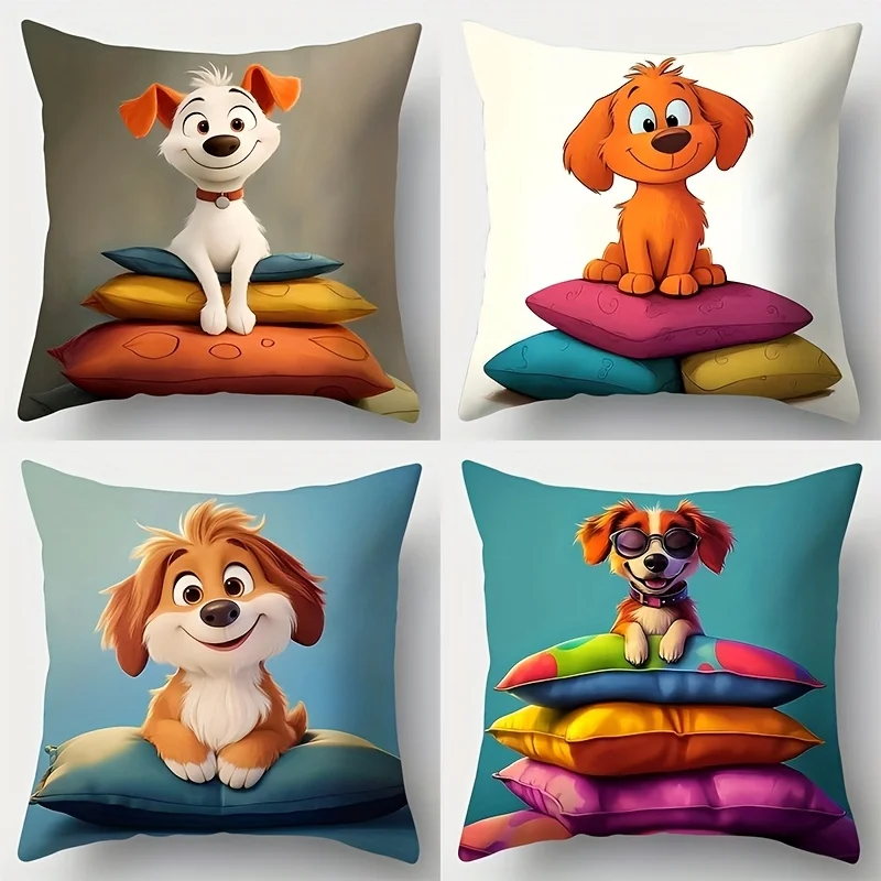 Cute Cartoon Dog Throw Pillow Covers Cushion Set for Nursery Living Room Home Decor Accents 40x40cm 4pcs