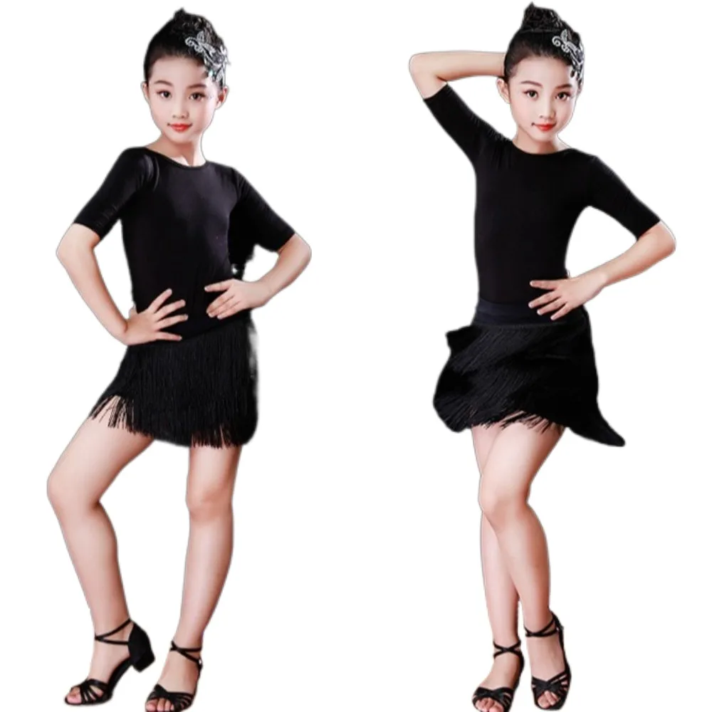 Tassel Children Dance Skirt Professional Three-Layer Ballroom Dancing Wear Competition Stage Show Adjustable Latin Dancing Dress