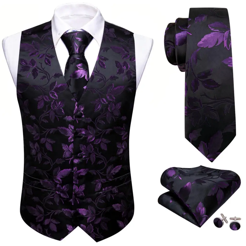 Luxury Silk Black Purple Men\'s Vest Flower Waistcoat Necktie Hanky Cufflinks Set Formal Business Male Suit Barry Wang