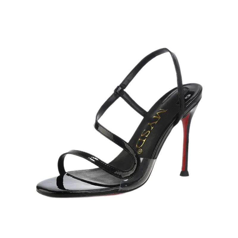 Open toed sandals for women 2026, new transparent snake shaped straight strap, slim heel, sexy black high heels, versatile