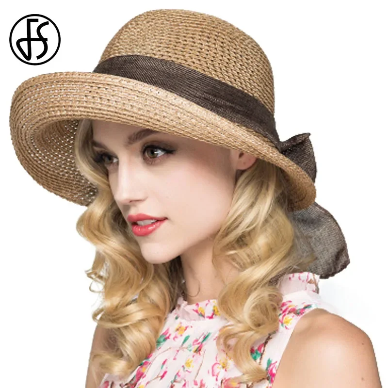 

FS Sun Hats For Women Floppy Wide Brim Straw Hats Foldable Sunbonnet Cloche Hat Blue Beach Style Chapeau Paille Femme