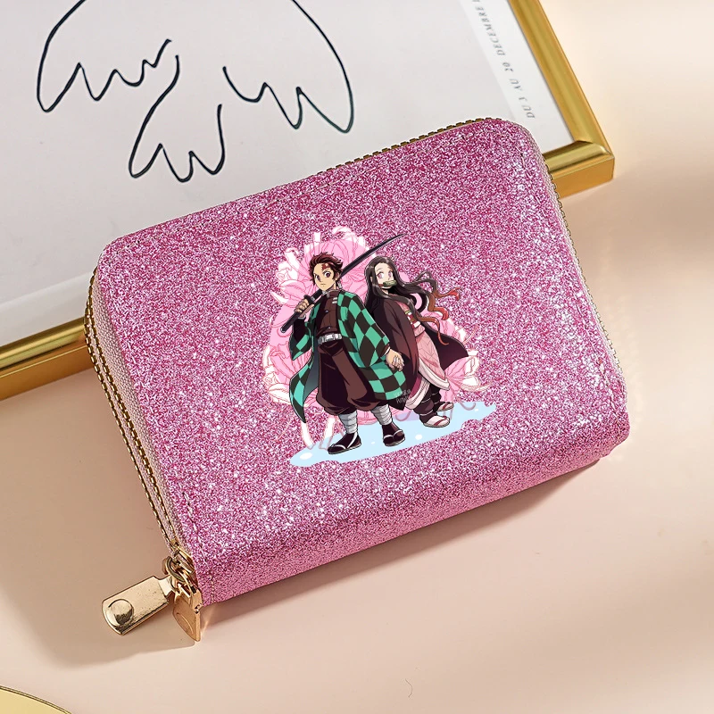 

Demon Slayer Kimetsu No Yaiba Wallet Girl Kawaii Anime Short Purse Women's Fashion Shiny Zipper Wallets ID Card Bags Storage Bag