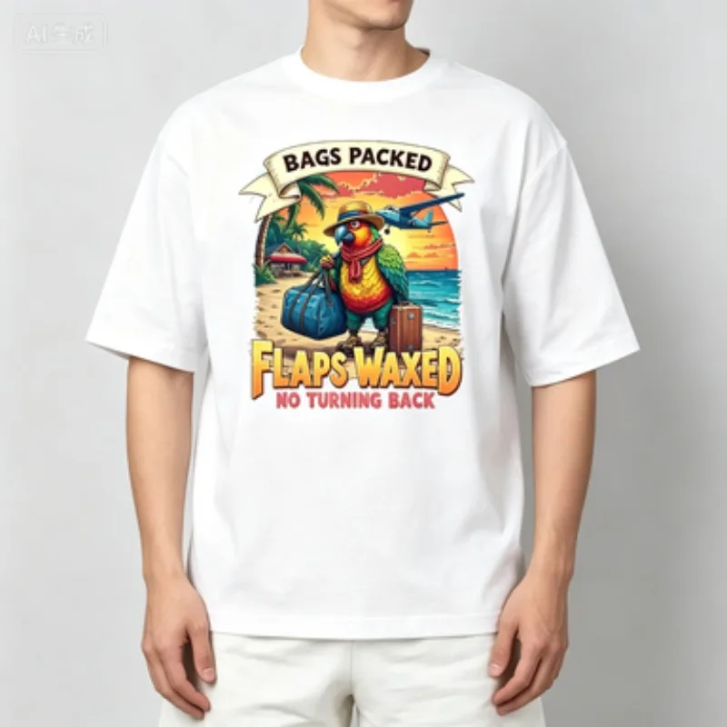 Mens Slim Standard  Round Neck T‑Shirt, BAGS PACKED FLAPS WAXED NO TURNING BACK Funny Vacation Parrot Graphic Short Sleeve Tops