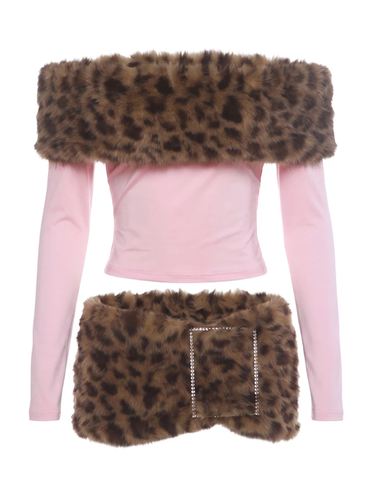 Nibber 2-teiliges Set für Damen, Leopardenmuster, pelziges Patchwork, Slash-Ausschnitt, volle Ärmel, T-Shirts + Miniröcke mit Strass-Dekoration, modische Anzüge – Detail 2