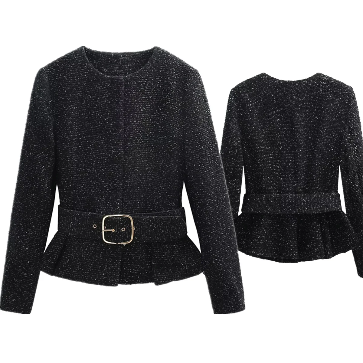 

Dave&Di French Office Lady ELegant Tweed Minimalist Textured Round Neck Suit Jacket With Belt Women's Jacket Woman Clothes Tops