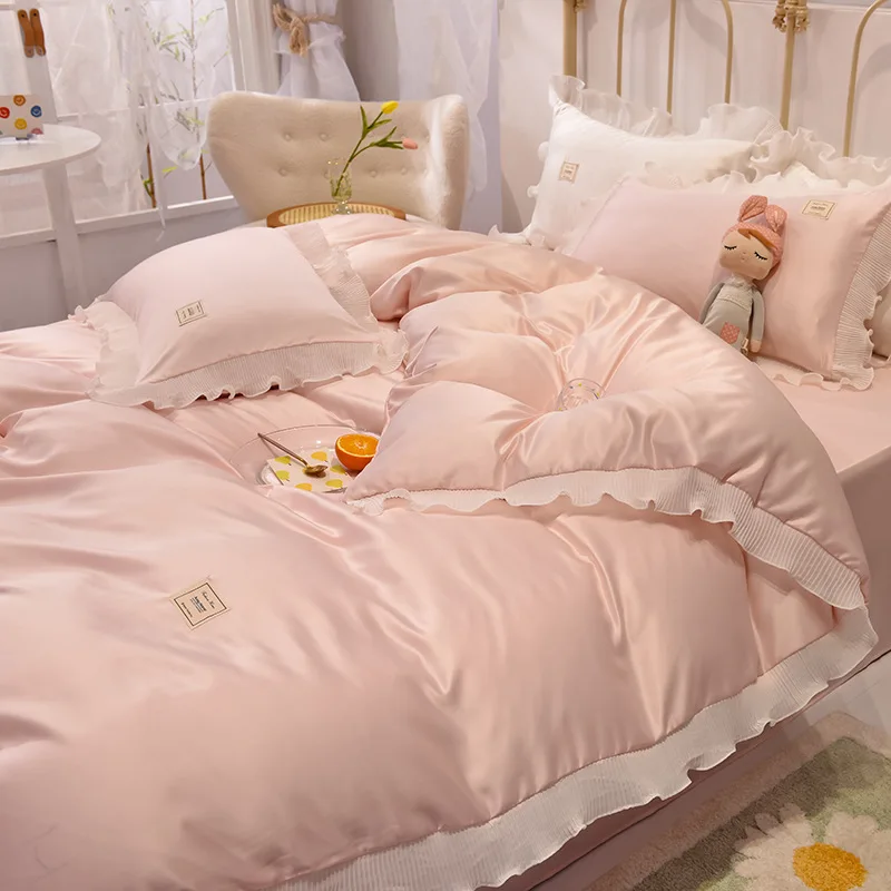 

Korean princess style ice silk four-piece silky sleeping naked summer quilt cover sheets bedding pink quilt cover summer