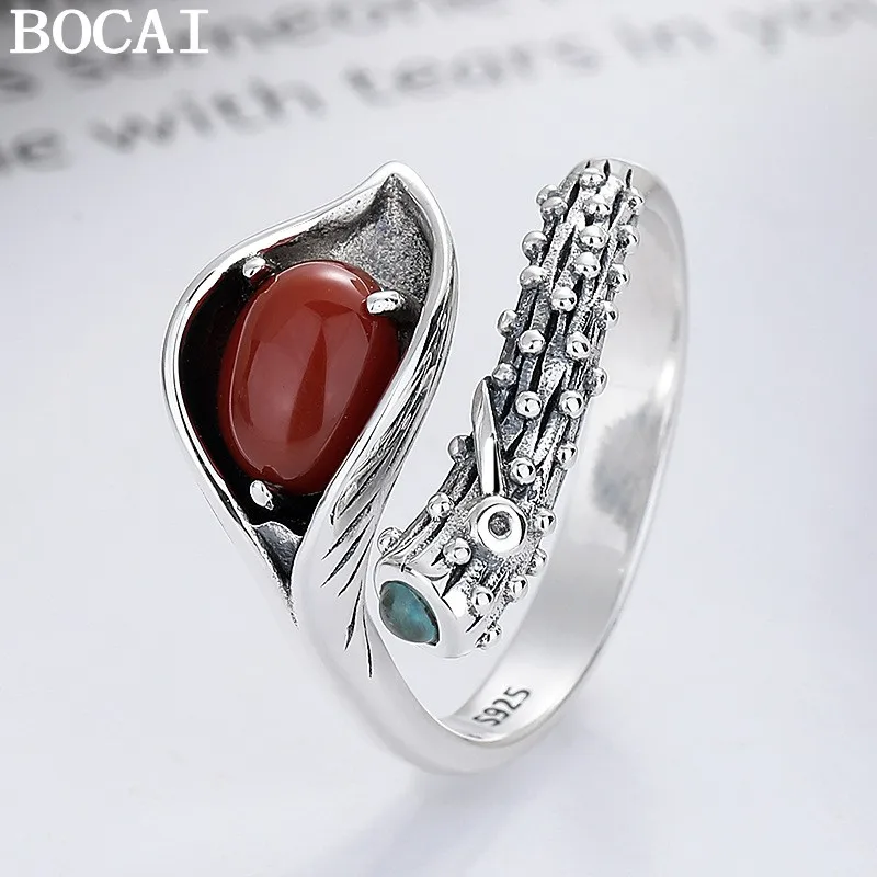 

S925 Silver Retro Personality Southern Red Agate Ancient Style Pattern Open Ring