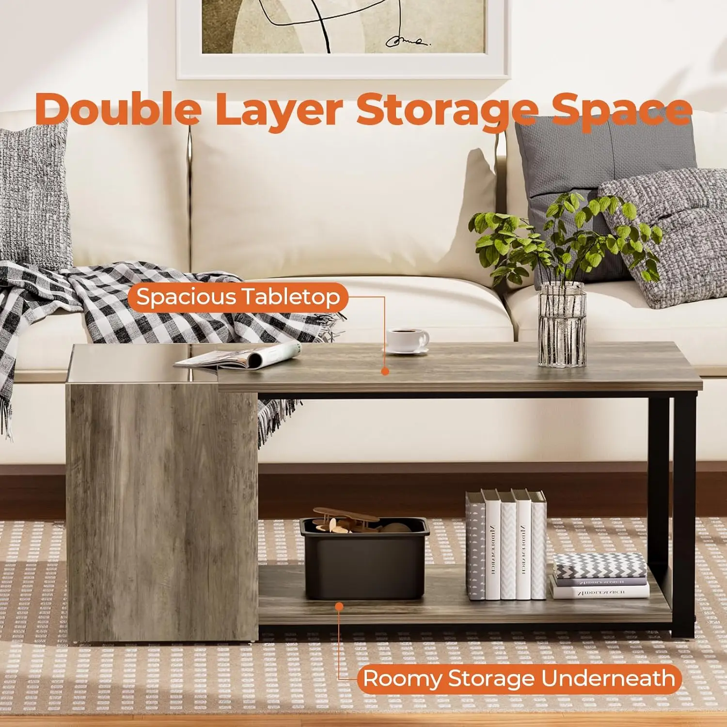 Coffee Table for Small Living Room, Modern Center Tables with Storage, Rectangular Glass Top Table with LED Light, Grey