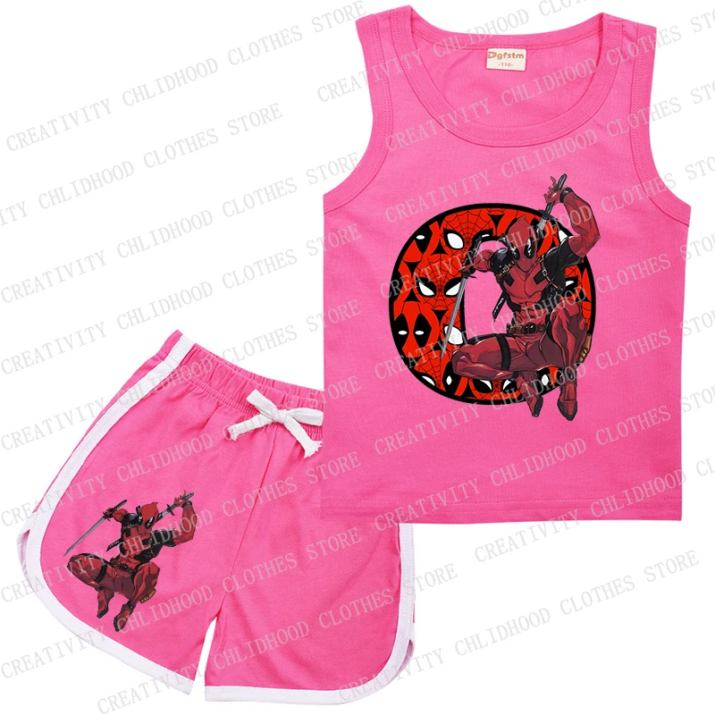 Children Sports Suit Deadpool 26 English Letters A B C D Kid Vest & Shorts Cartoons Casual Clothes Sleeveless for Girl Boy Sets