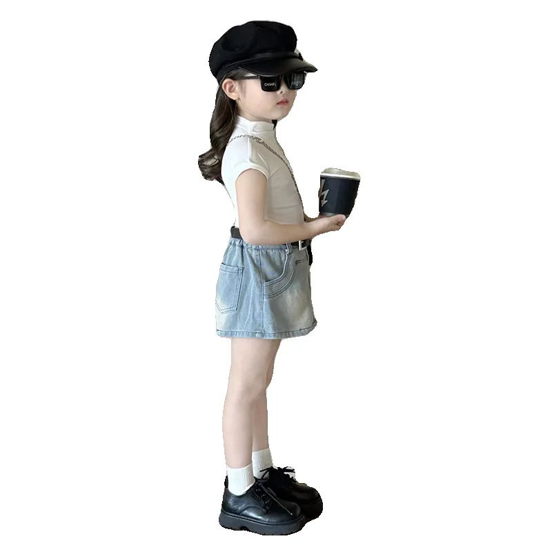 Summer Childrens Clothing Girls Semi High Neck Elastic T Solid Color Short Sleeved Top T Shirt Retro Slim Fit Top