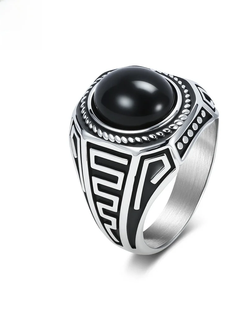 

Ретро-роскошное кольцо из титановой стали с черным драгоценным камнем для мужчин, художественное, большого размера, 3, модное ювелирное украшение, кольцо на указательный палец