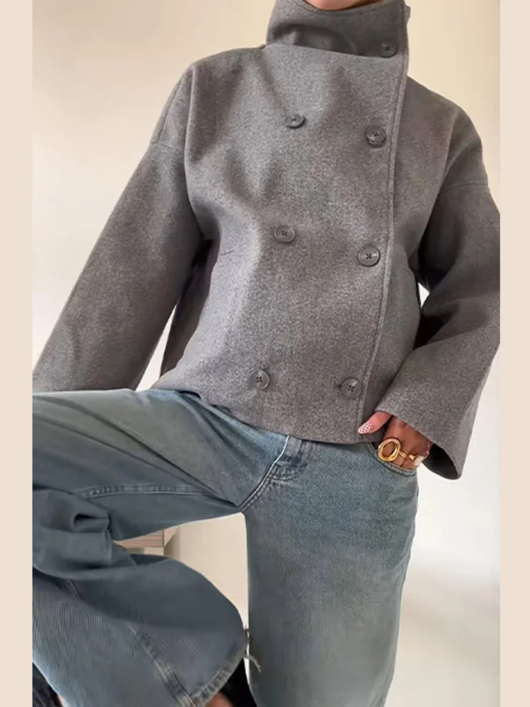 Women's High Neck Double Breasted Wool Blend Short Coat Loose Drop Shoulder Long Sleeve Cropped Jacket Vintage Casual Outerwear