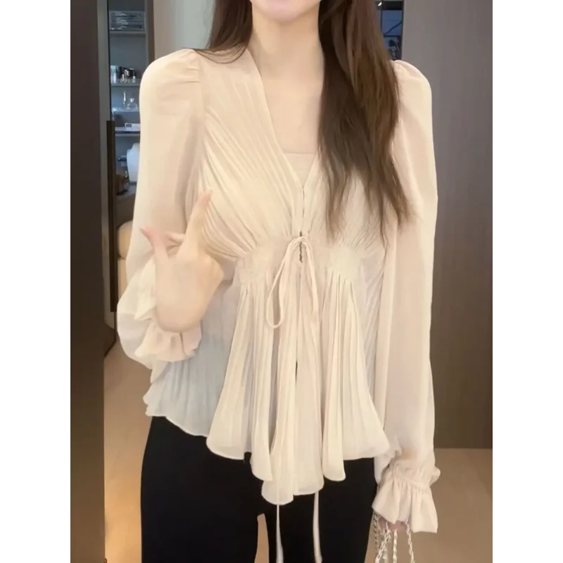 

Cool Lace-up Long-sleeved Shirt for Women New Fashion Versatile Waist Slimming Chic Top