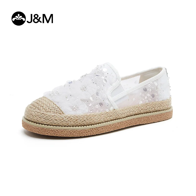 

J&M Women Fisherman Shoes Espadrilles Luxury Spring Summer Lace Mesh Breathable Loafers Girl Slip-on Casual Shoes White Sneakers