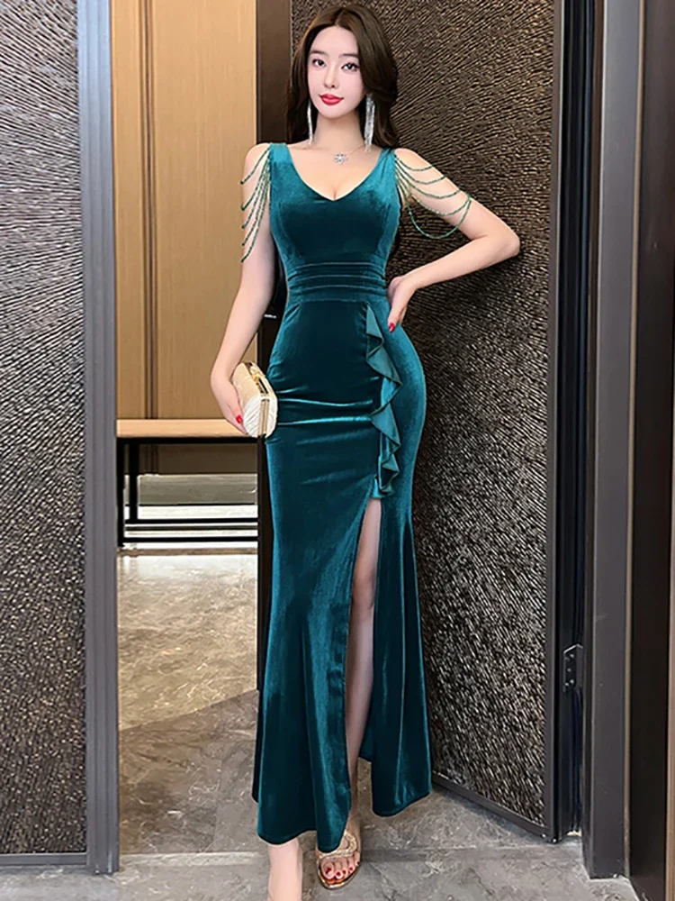 Women Elegant Ruffle Slit Dress 2025 Korean Fashion Bodycon Dresses Spring Autumn Green Velvet Chic Tassel Sling Sexy Long Dress
