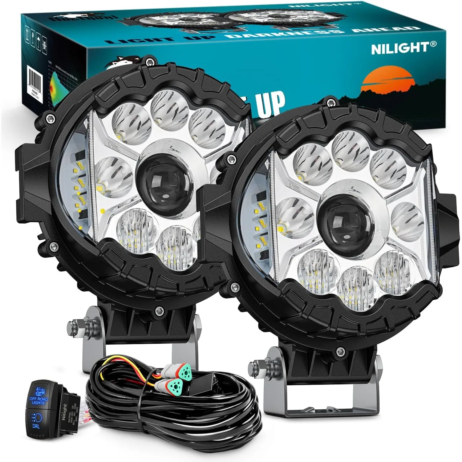 

Nilight 7 Inch LED Offroad Driving Lights High Low Beam 2 PCS 80W Round White Light Side Shooter Spot Flood Fog Light Pod w/ 16 AWG DT Connector Wiring Harness Kit for Jeep Truck ATV UTV SUV
