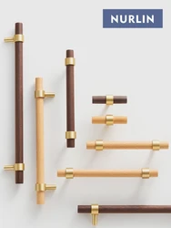 Nurlin Brass Natural Walnut Beech Wood Furniture Handle American Nordic Style Drawer Wardrobe Pull T Bar